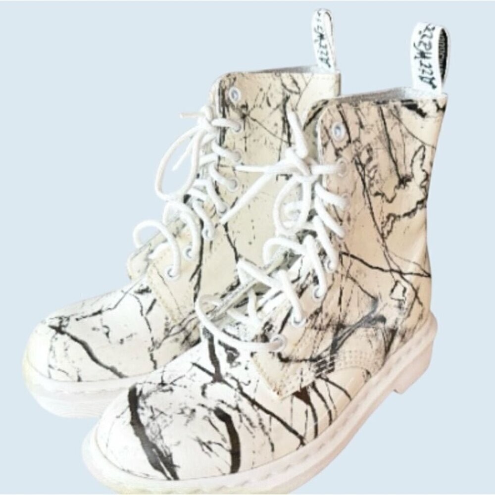 DR MARTENS Pascal Lace Up Combat Boots White Patent Marble Size 6